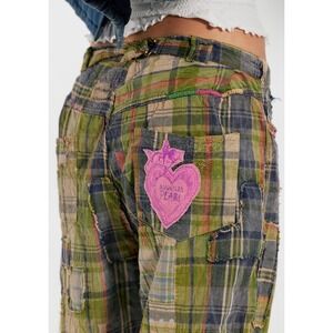 Magnolia Pearl Yarn Dyed Patchwork Miner Pants Plaid Distressed Heart Pocket NWT